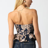 Strapless Floral Corset - navy blue with cream/brown flowers, womens top collection