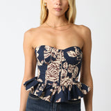 Strapless Floral Corset - navy blue with cream/brown flowers, womens top collection