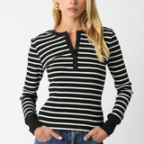Long Sleeve Striped Button Top - Black/White, Women's Tops Collection