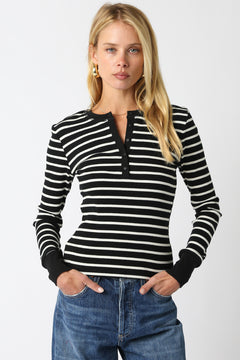 Long Sleeve Striped Button Top - Black/White, Women's Tops Collection