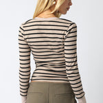Long Sleeve Striped Button Top - Taupe/Black, Women's Tops Collection