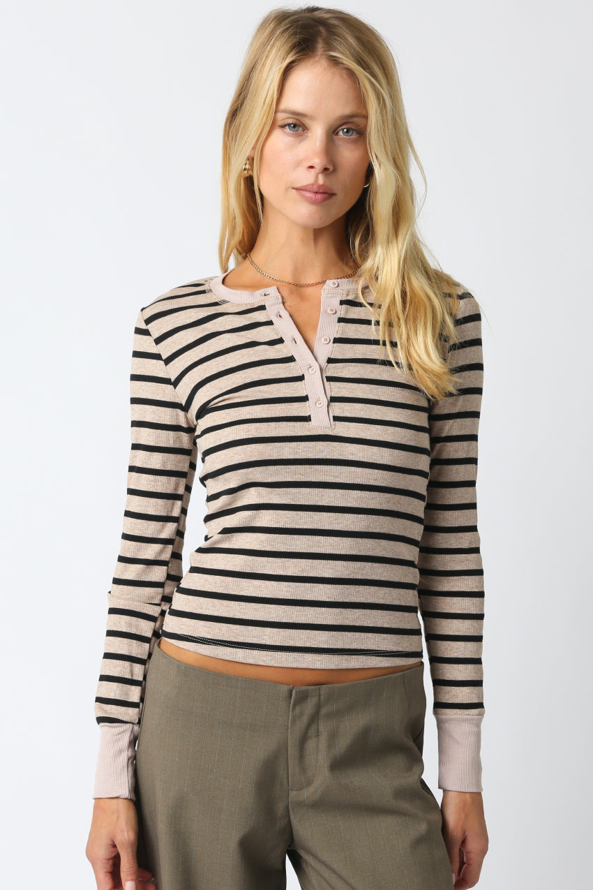 Long Sleeve Striped Button Top - Taupe/Black, Women's Tops Collection