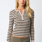 Long Sleeve Striped Button Top - Taupe/Black, Women's Tops Collection