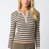 Long Sleeve Striped Button Top - Taupe/Black, Women's Tops Collection