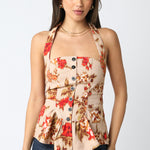 Floral Halter Button Front Top - taupe/red multicolor, womens top collection