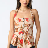 Floral Halter Button Front Top - taupe/red multicolor, womens top collection
