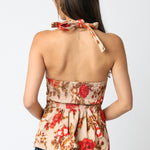 Floral Halter Button Front Top - taupe/red multicolor, womens top collection