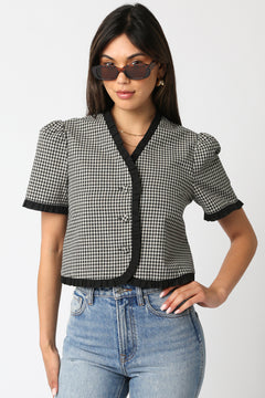 Gingham Puff Sleeve Top - Black/Taupe, Women's Tops Collection