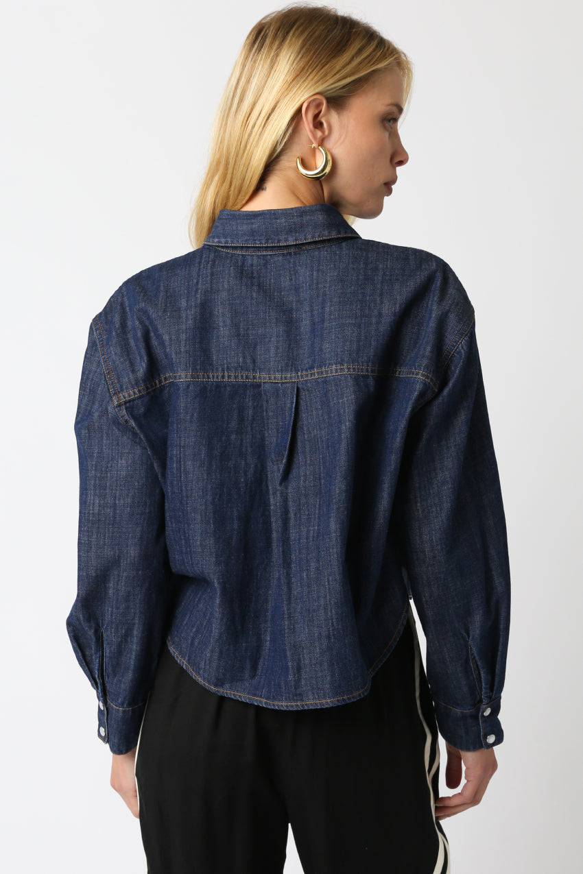 Denim Button Front long sleeve Top - denim color, womens top collection