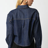 Denim Button Front long sleeve Top - denim color, womens top collection