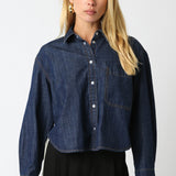 Denim Button Front long sleeve Top - denim color, womens top collection