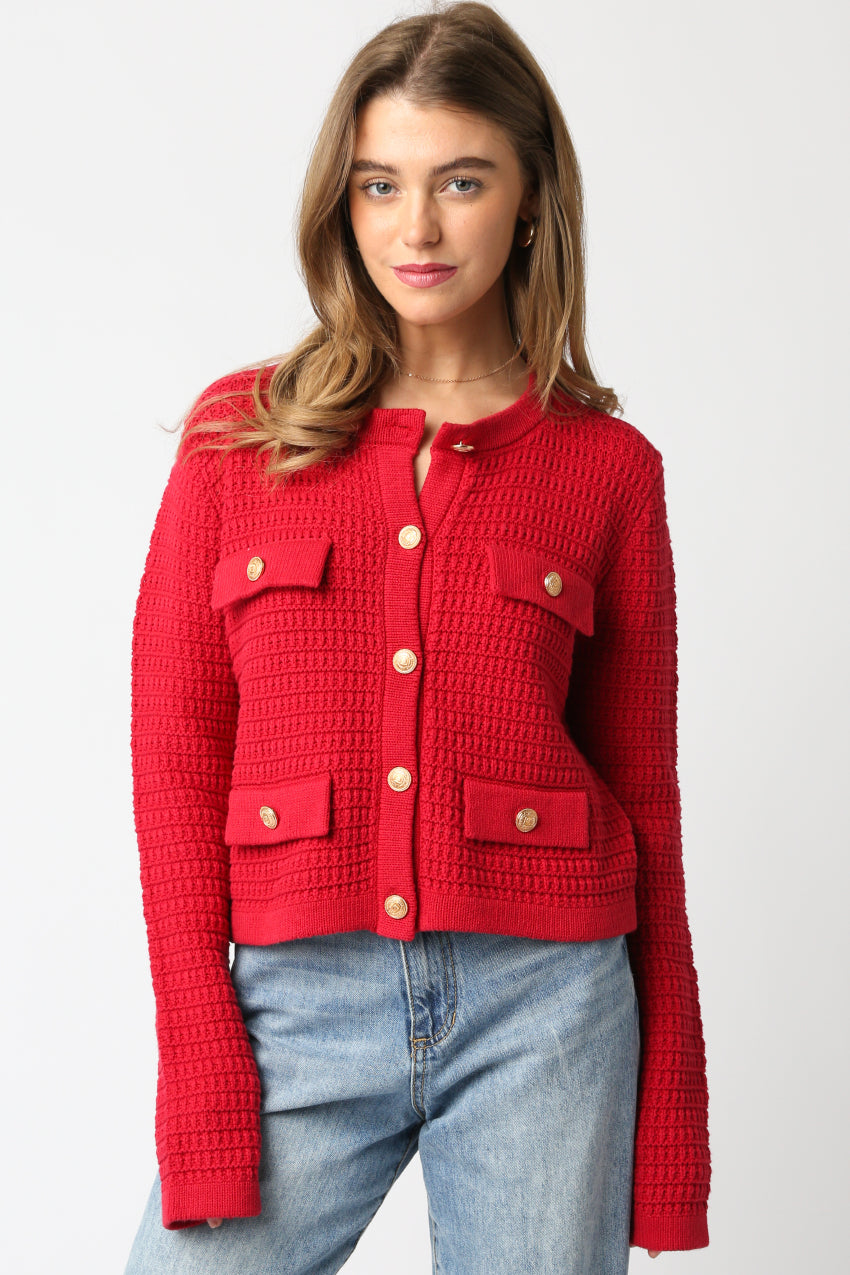 Gold Button 4 Pocket Cardigan - Scarlet, Women's Tops Collection