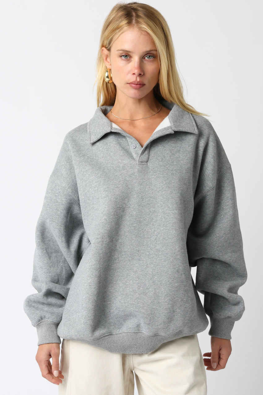 Button Collared Sweatshirt - Charcoal, Women's Sweatshirts Collection