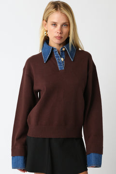 Sweater With Denim Collar And Button Detail - brown, womens sweater collection