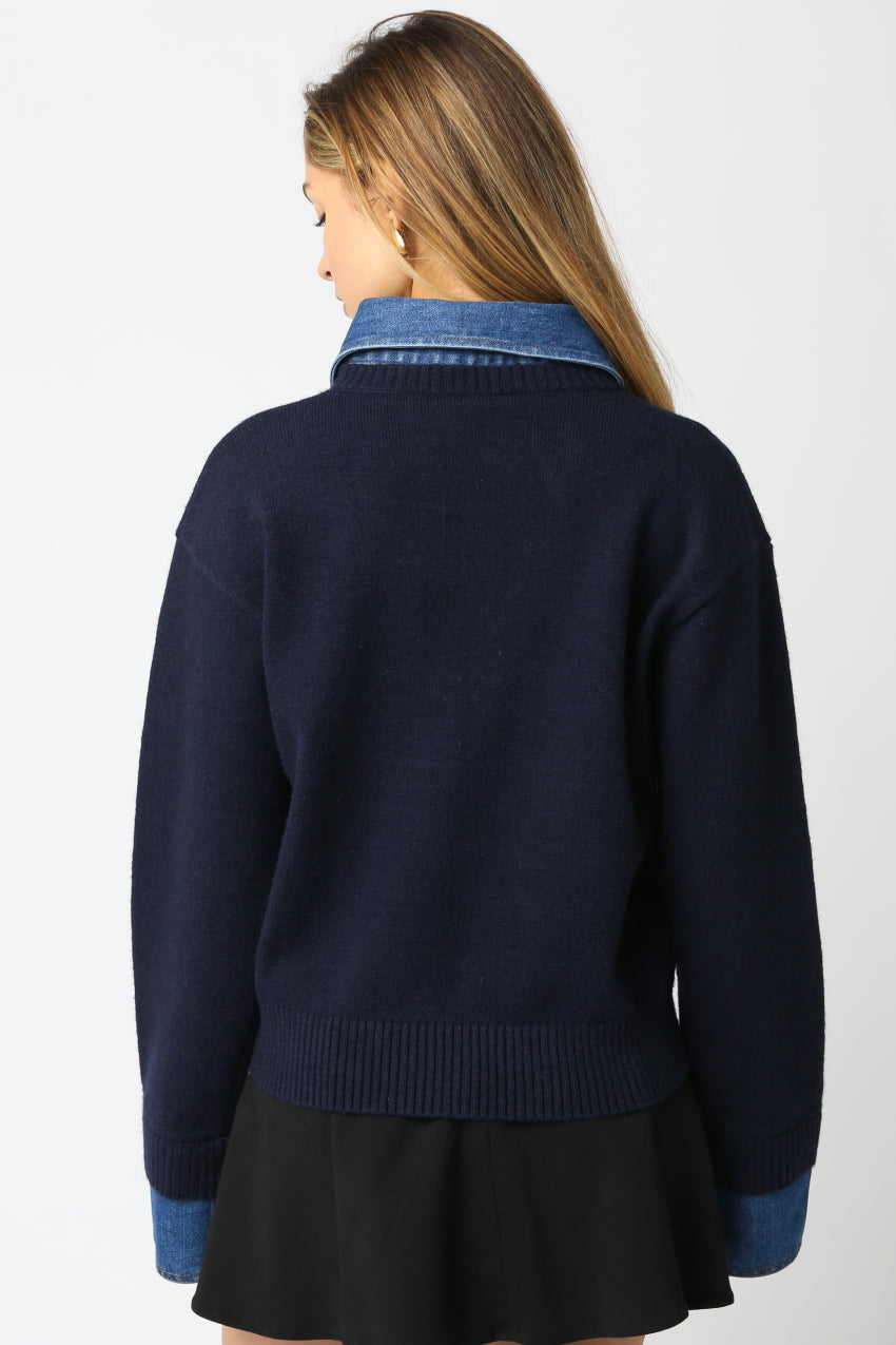 Sweater With Denim Collar And Button Detail - navy with denim collar, womens sweater collection