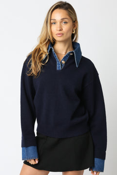 Sweater With Denim Collar And Button Detail - navy with denim collar, womens sweater collection