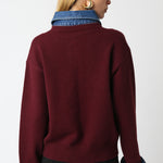 Sweater With Denim Collar And Button Detail - red, womens sweater collection