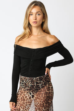 Off Shoulder Button Detail Bodysuit - black, womens bodysuit collection