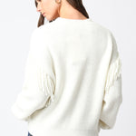 Sweater With Fringe Sleeve Detail - cream, womens sweater collection