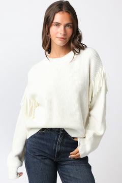 Sweater With Fringe Sleeve Detail - cream, womens sweater collection