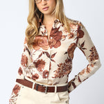Satin Floral Button Down - Coffee, Women's Tops Collection