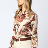 Satin Floral Button Down - Coffee, Women's Tops Collection