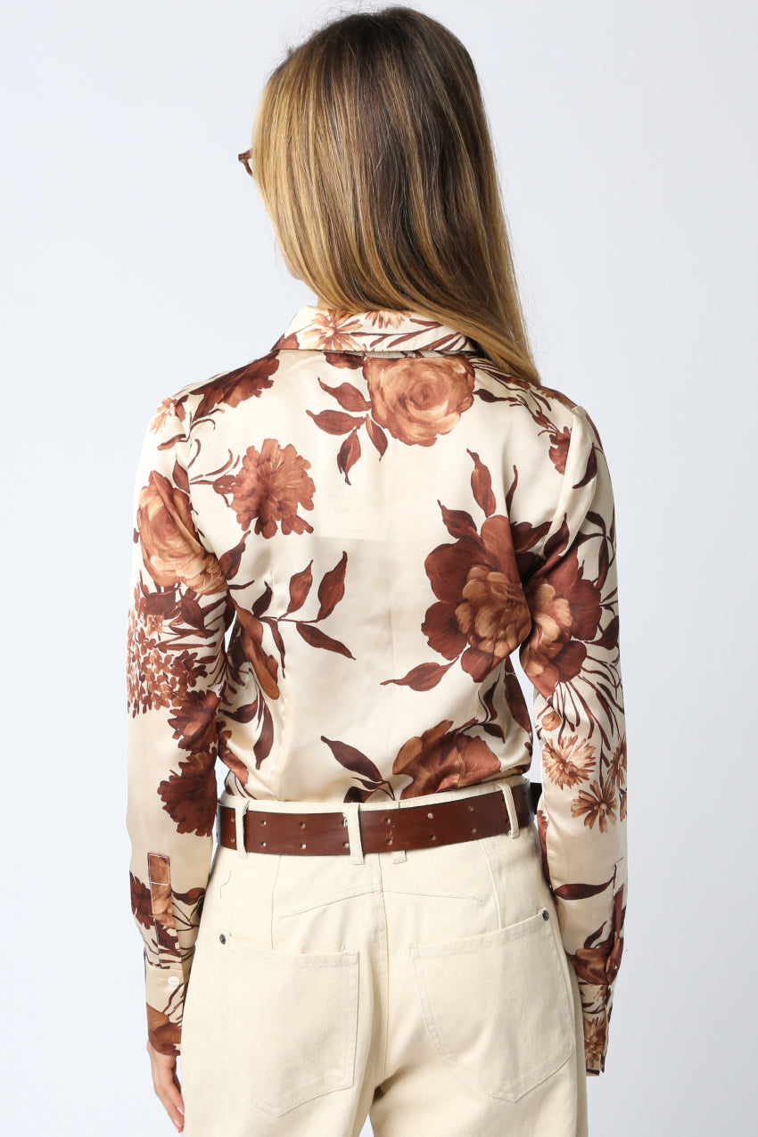 Satin Floral Button Down - Coffee, Women's Tops Collection