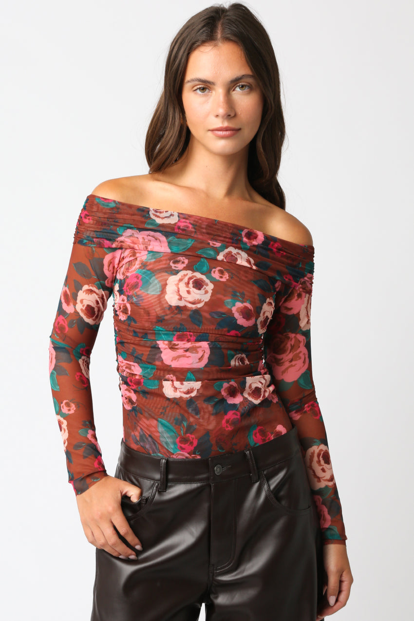 Floral Off The Shoulder Bodysuit - rust with pink flowers, womens bodysuit collection
