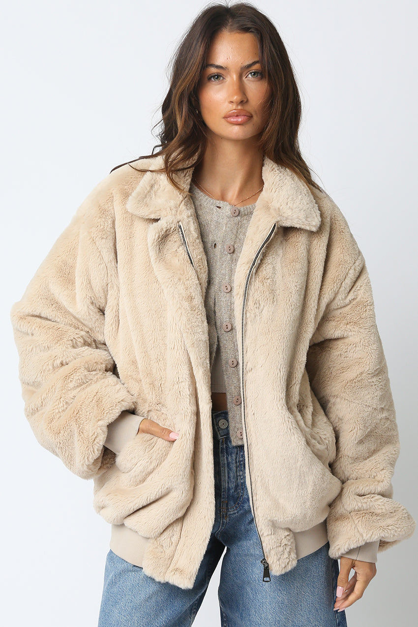 Collared Fur Jacket - ecru, womens jacket collection