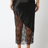 Midi Skirt With Asymmetrical Lace Bottom - black, womens skirt collection 
