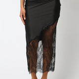 Midi Skirt With Asymmetrical Lace Bottom - black, womens skirt collection 