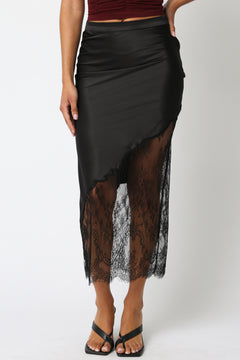 Midi Skirt With Asymmetrical Lace Bottom - black, womens skirt collection 