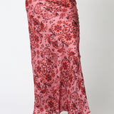 Paisley Satin Maxi Skirt - Salmon Red, Women's Skirts Collection