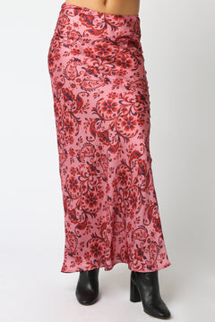 Paisley Satin Maxi Skirt - Salmon Red, Women's Skirts Collection