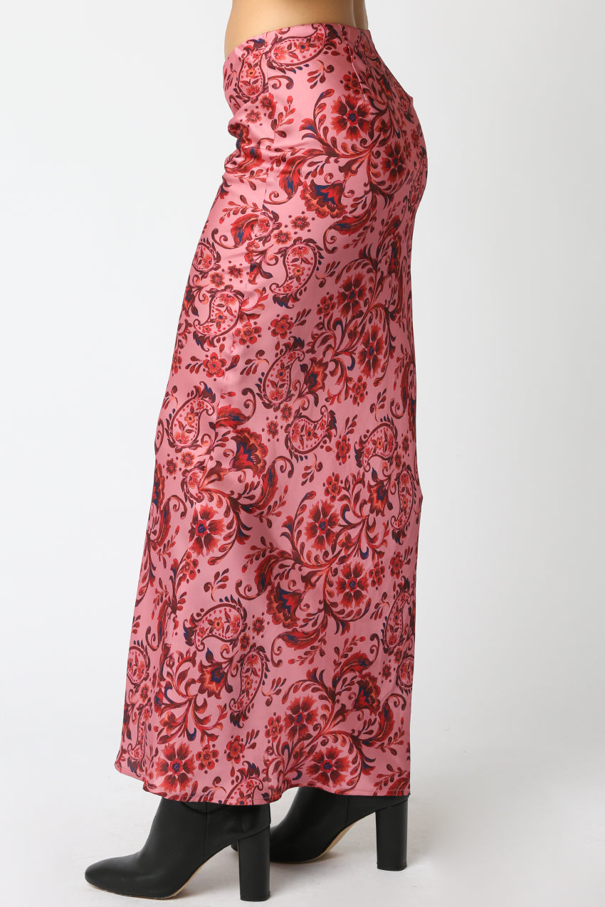 Paisley Satin Maxi Skirt - Salmon Red, Women's Skirts Collection