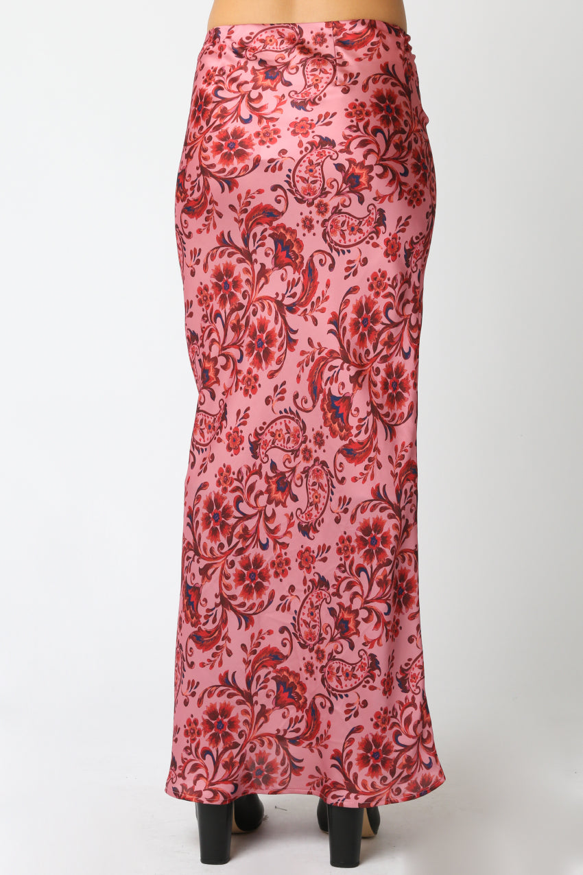 Paisley Satin Maxi Skirt - Salmon Red, Women's Skirts Collection