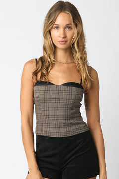 Plaid Corset Top with Trim - brown/taupe plaid, womens top collection