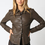 Faux Leather Button Down Top - brown, womens top collection