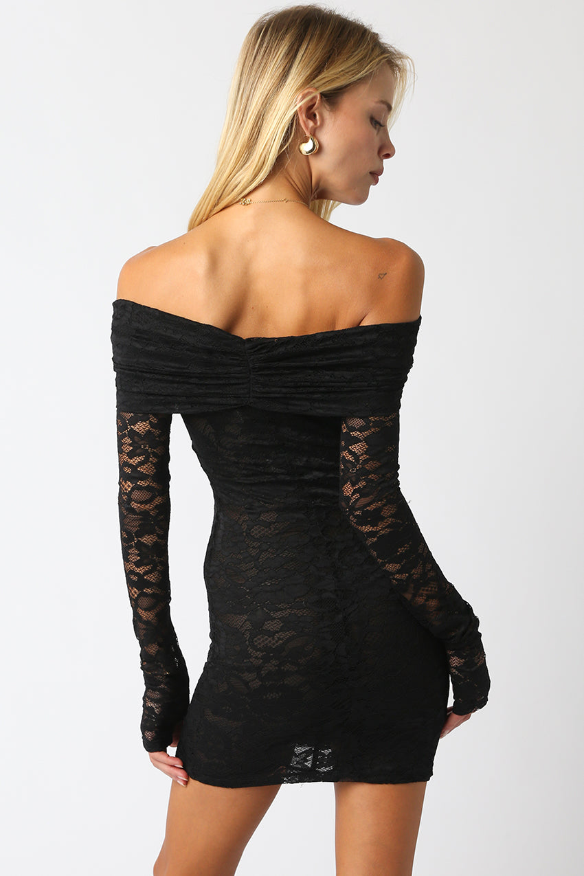 Long Sleeve Lace Short Dress - black, womens dress collection