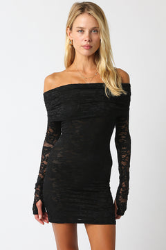 Long Sleeve Lace Short Dress - black, womens dress collection