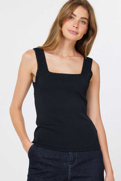 Square Neck Sweater Tank Top with Crochet Detail