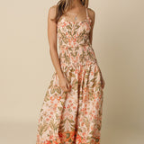 Leaf Patterned Smocked Waist Maxi Dress