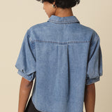 Denim Rouched Button Down Top