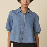 Denim Rouched Button Down Top