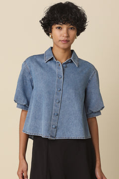 Denim Rouched Button Down Top