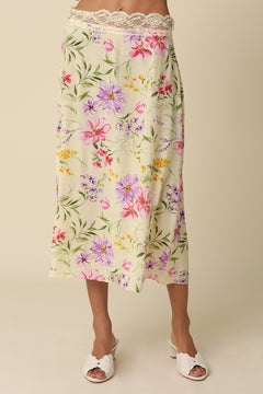 Floral Lace Trim Midi Skirt