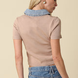 Short Sleeve Sweater With Denim Contrast