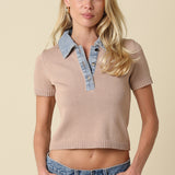 Short Sleeve Sweater With Denim Contrast