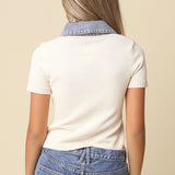 Short Sleeve Sweater With Denim Contrast
