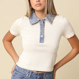 Short Sleeve Sweater With Denim Contrast